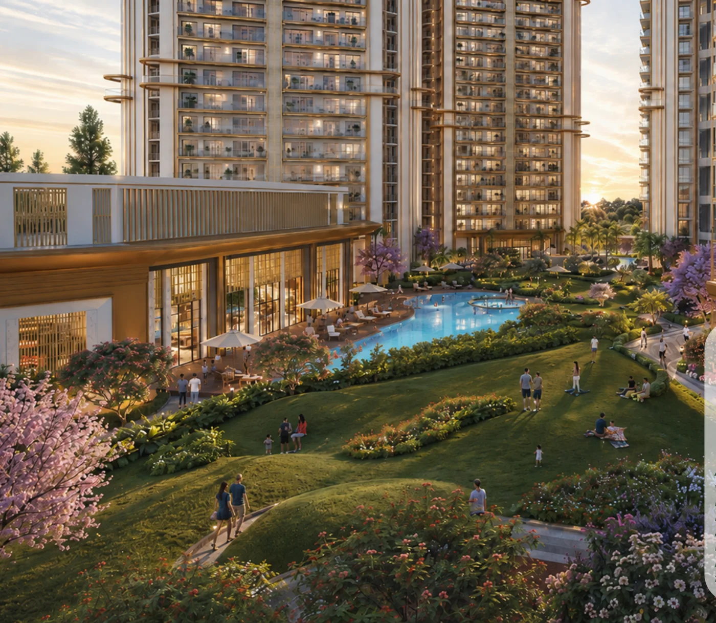 Artistic impression of landscaped gardens and central green among residential towers