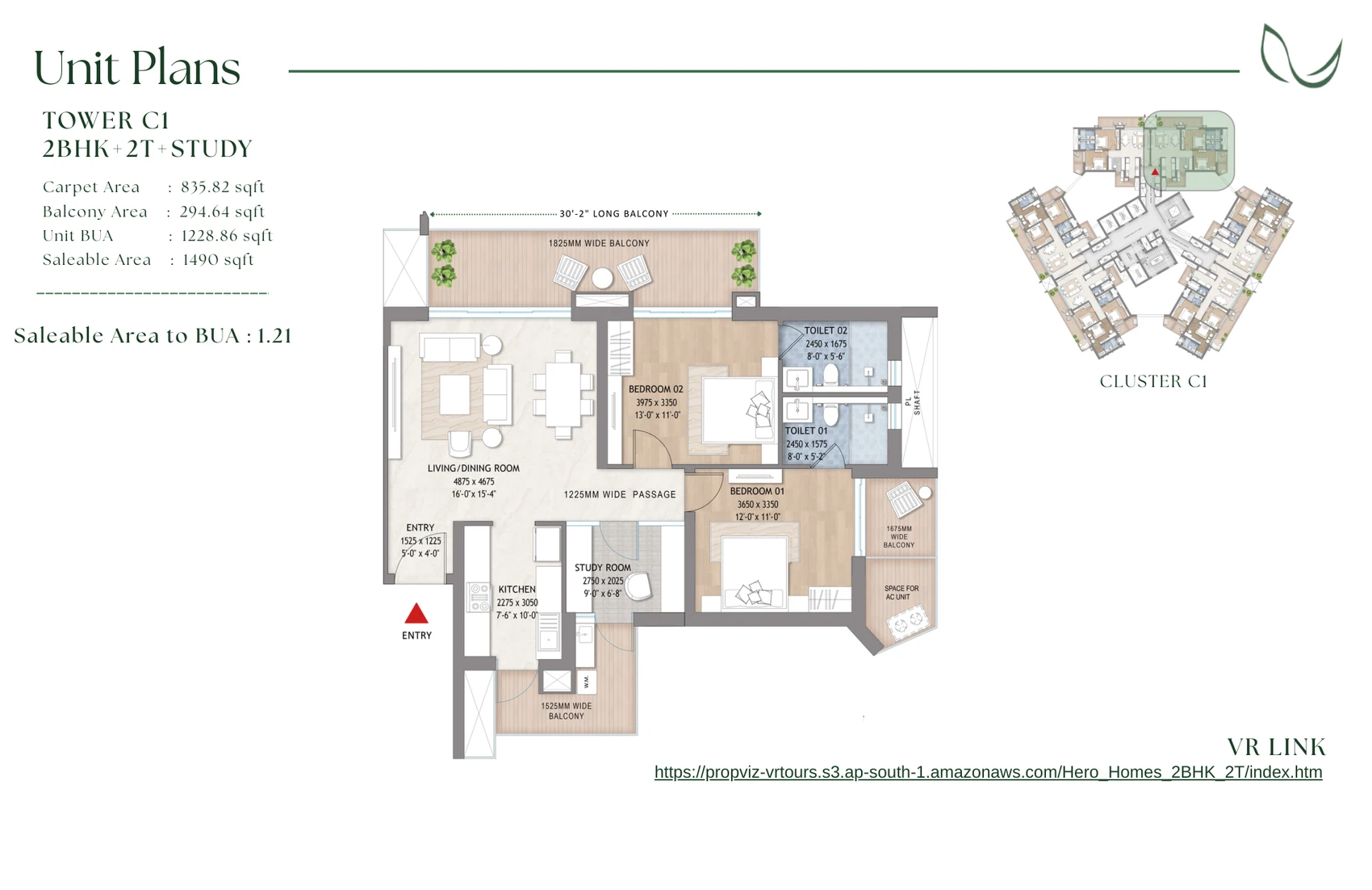 Brochure unit-plan slide for 2 BHK + Study